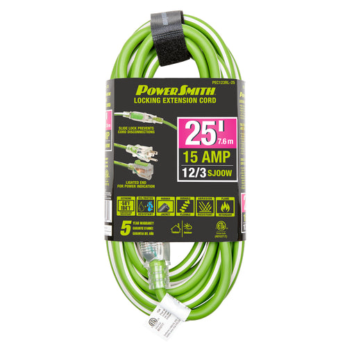 PowerSmith PEC123RL-25 12/3 AWG rubber jacket locking extension cord, 25 ft, 15 amp