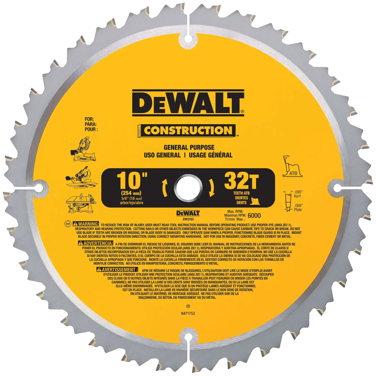 DEWALT 10 in. 32-tooth construction miter/table saw blade