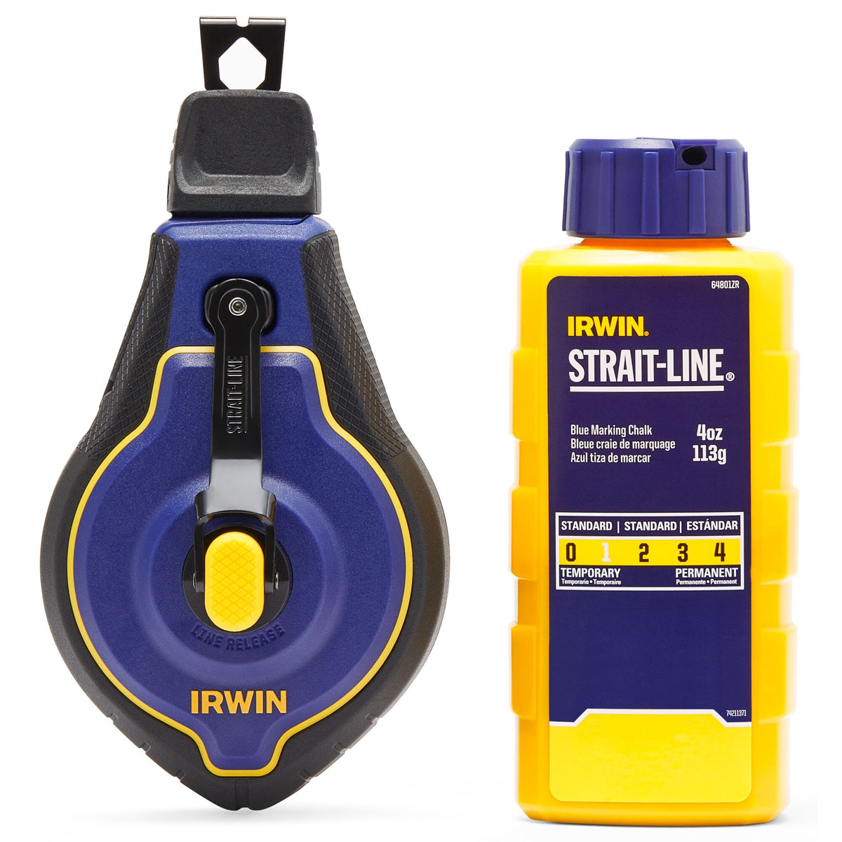 Irwin Strait-Line Speedline Pro chalk reel with blue marking chalk