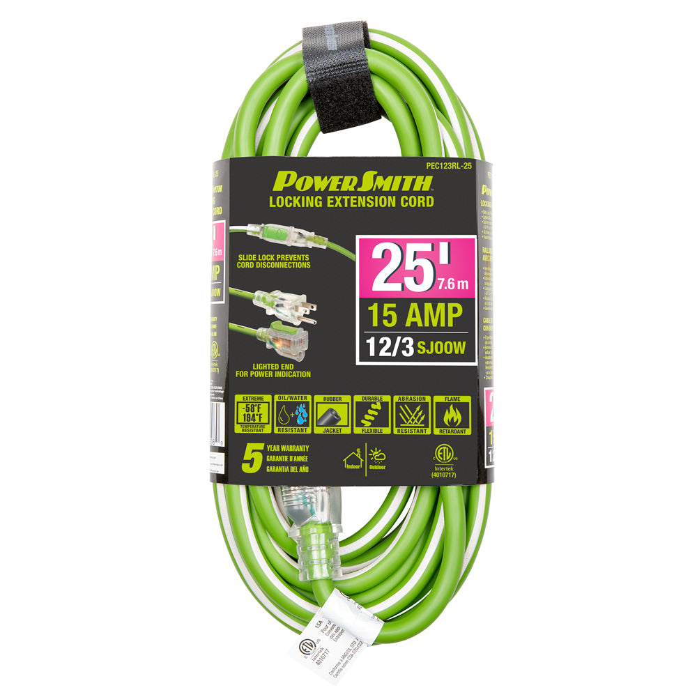 PowerSmith PEC123RL-25 12/3 AWG rubber jacket locking extension cord, 25 ft, 15 amp