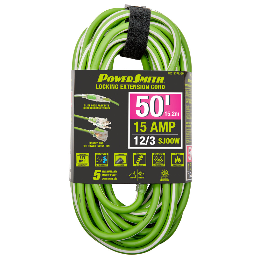 PowerSmith PEC123RL-50 12/3 AWG rubber jacket locking extension cord, 50 ft, 15 amp