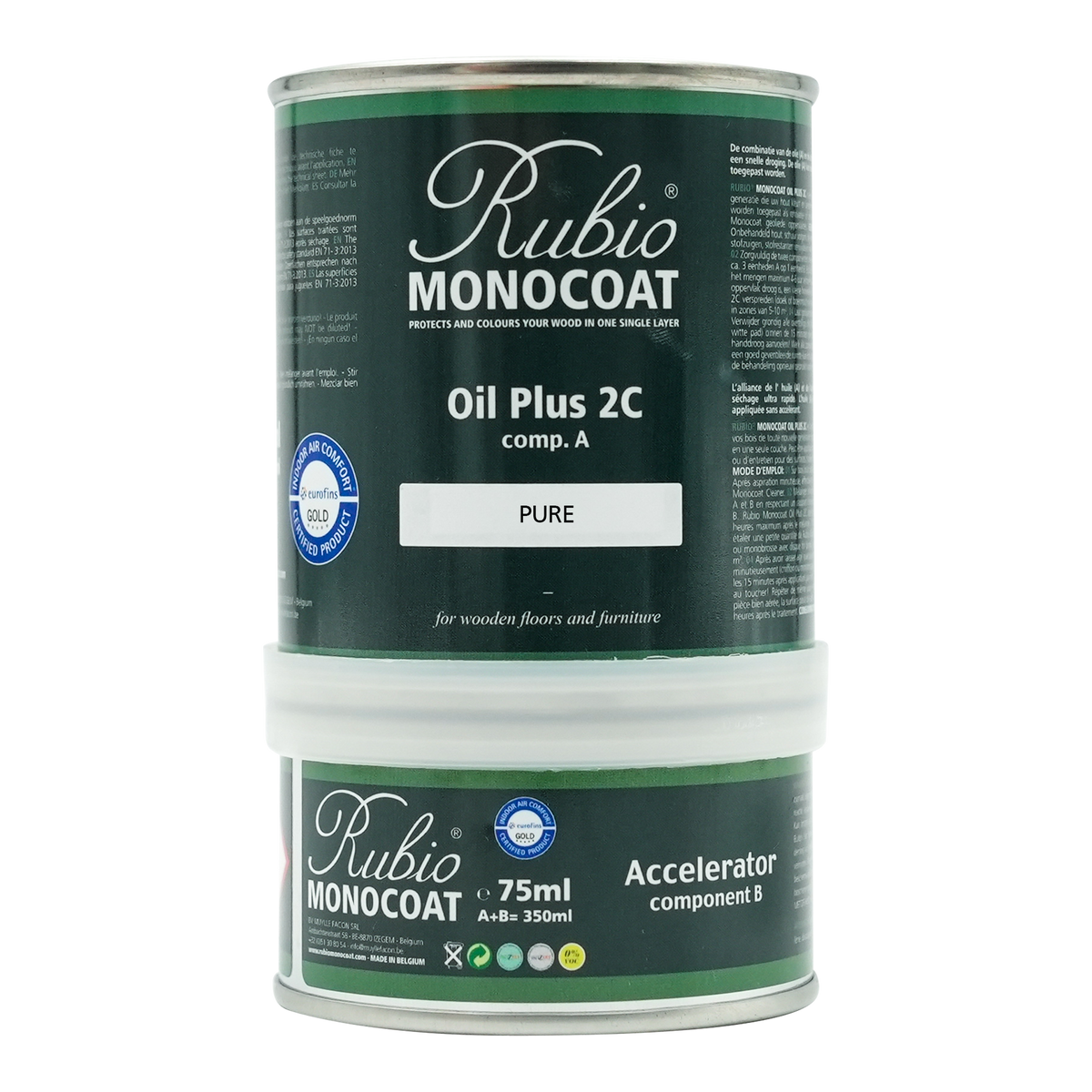 Rubio Monocoat Oil Plus 2C Pure 350 ml set, component A can with Accelerator component B